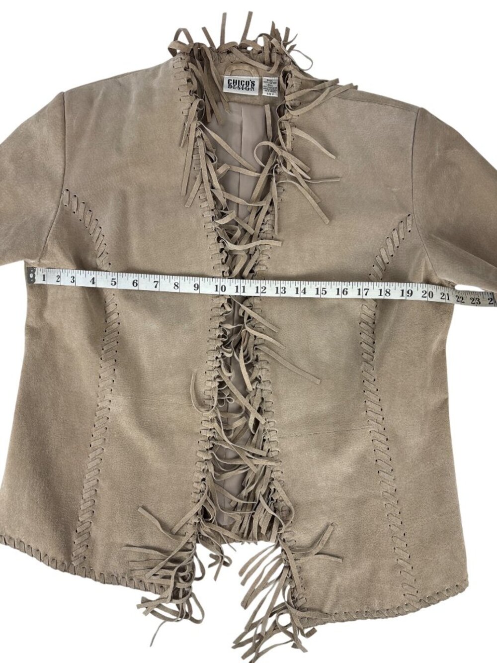 Chico's Suede Leather Fringe Western Jacket Size 2 Large Whipstitch Open Front - Picture 8 of 12